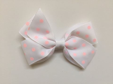 Hair clip with white grosgrain bow & peach polka dots