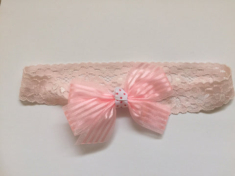 Headband - soft lace with soft pink bow and white/pink dotted center